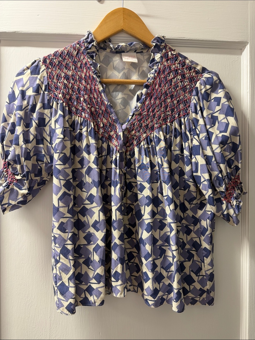Loretta Caponi Milvia Smocked Geo Print Puff Sleeve Blouse - Blue & Cream